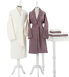 Özdilek - Pamuk Orkide Aile Bornoz Seti Krem&mürdüm