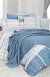 Sarev Eva Carlo Mavi Tek Kişilik %100 Pamuk Nevresim Takımı ve Pike Seti