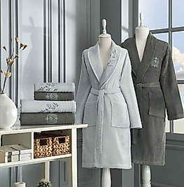 Özdilek Soft Leaf Aile Bornoz Seti Gri-Antrasit