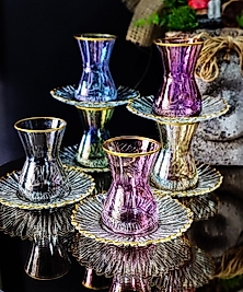 Paşabahçe Şelale Gök Kuşağı Elit Home Özel Tasarım 12 Parça Renkli Gold Detaylı Çay Takımı