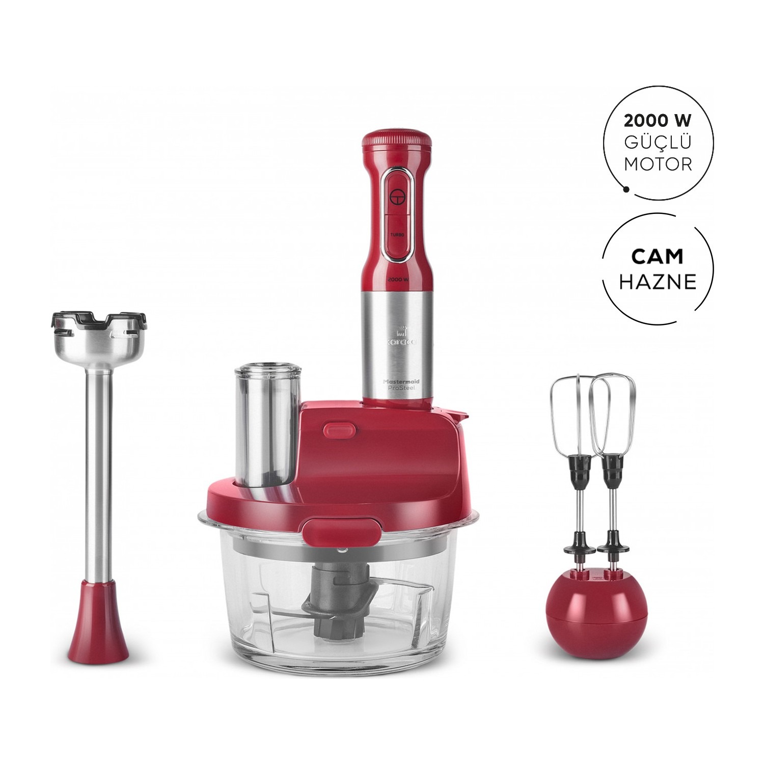 Karaca mm Prosteel 2000W Cam Mutfak Robotu Kırmızı Inox