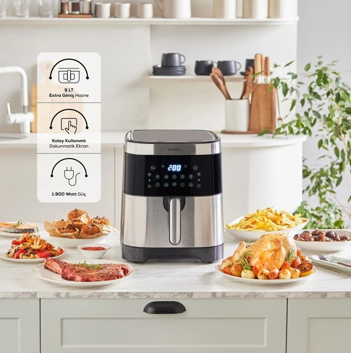 Karaca 9 Litre Xxxl 10 Farklı Pişirme Fonksiyon Akıllı Dokunmatik Ekran Geniş Hazne Inox Gövde Airfryer
