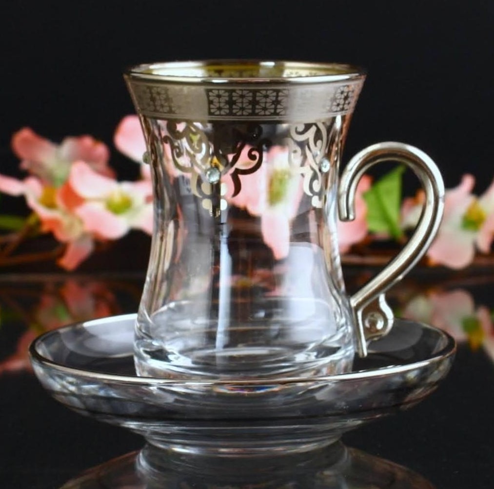 Paşabahçe Fantasia Collection Nida Dekorlu ve Kulplu 6 Kişilik Çay Bardak Takımı-Platin