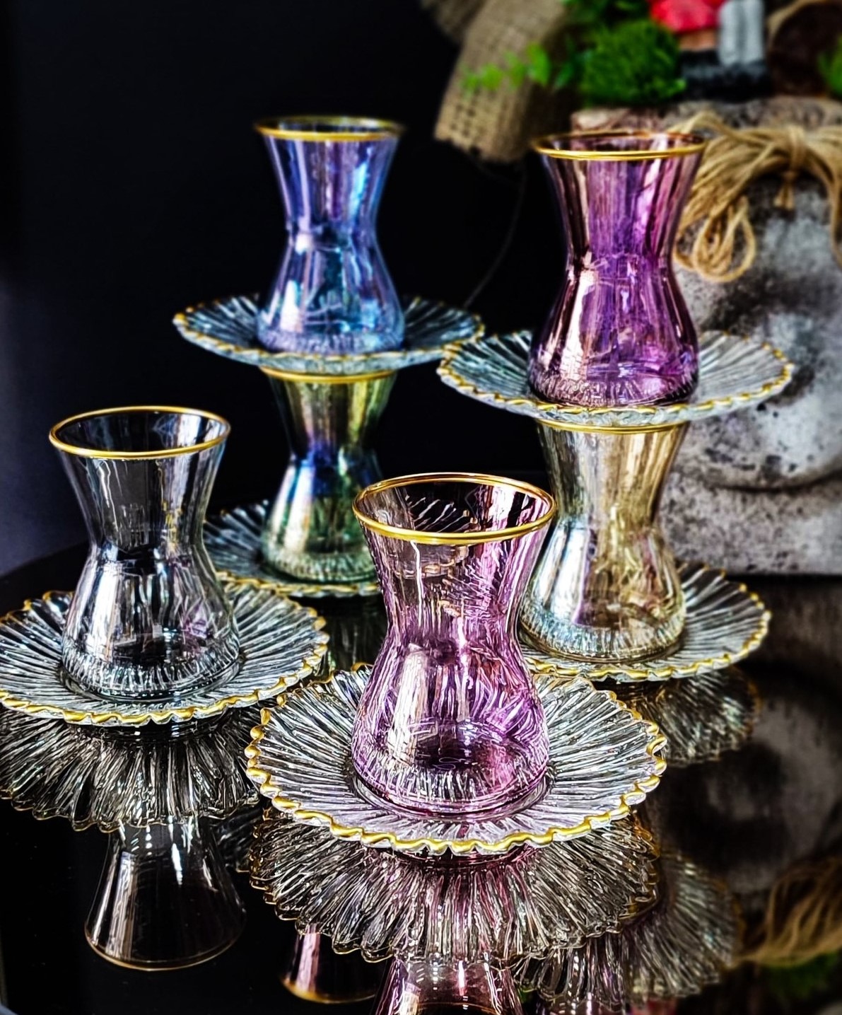 Paşabahçe Şelale Gök Kuşağı Elit Home Özel Tasarım 12 Parça Renkli Gold Detaylı Çay Takımı