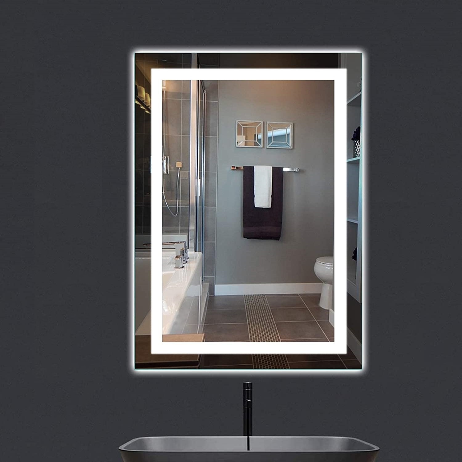 Nuun Dekor 70X50 LED Işıklı Kumlamalı Banyo Lavabo Makyaj Ofis Kuaför Aynası Trafolu Prizli