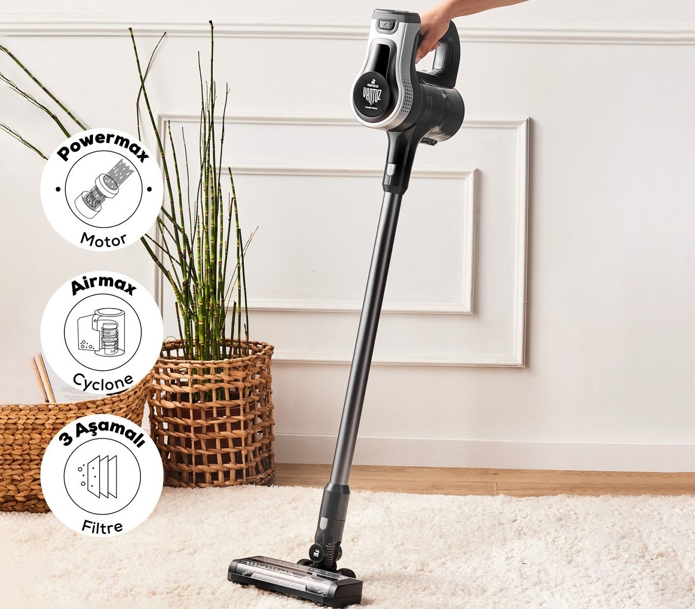 Karaca Vantuz Power Force Max 2 In 1 Şarj Edilebilir Dik Süpürge Silver