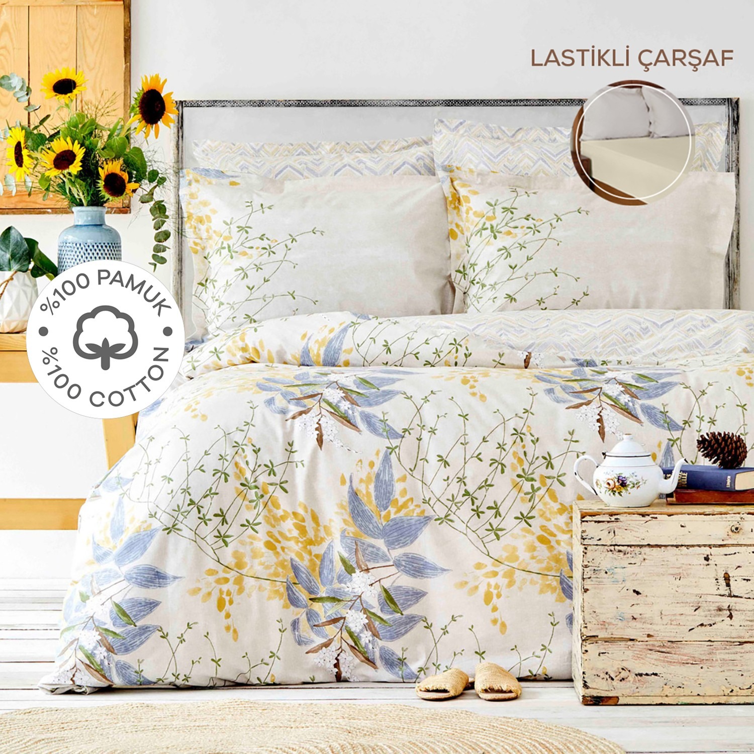 Karaca Home Clarinda Hardal %100 Pamuk Çift Kişilik Lastik Çarşaflı Nevresim Takımı