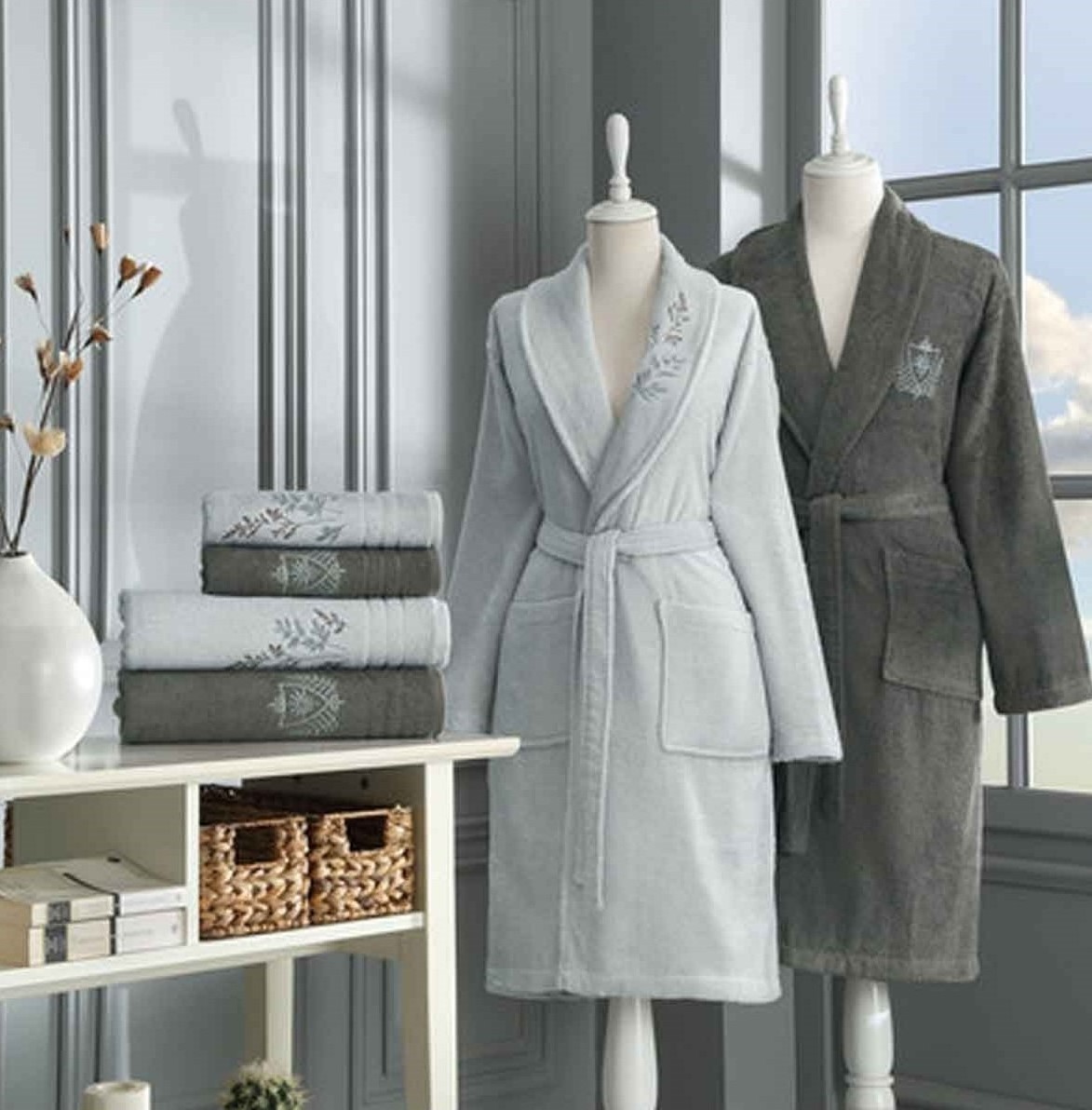 Özdilek Soft Leaf Aile Bornoz Seti Gri-Antrasit