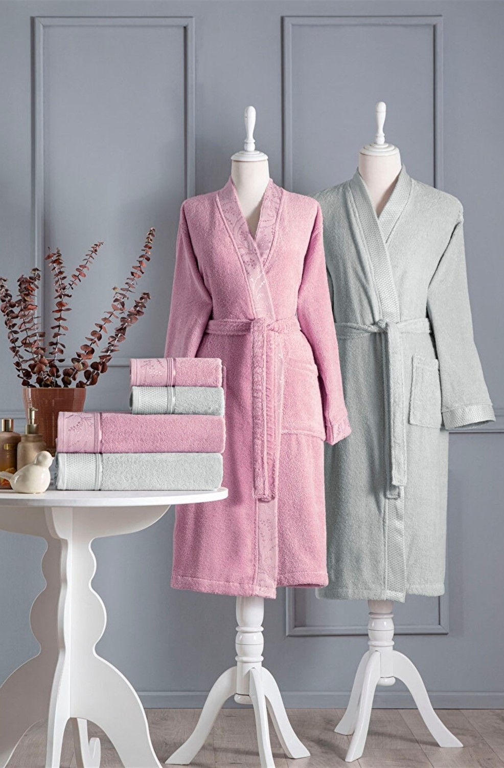 Özdilek Ditsy Aile Bornoz Seti Pembe-Gri
