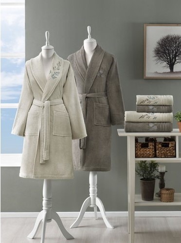 Özdilek Soft Leaf Bornoz Seti Bej-Kahve