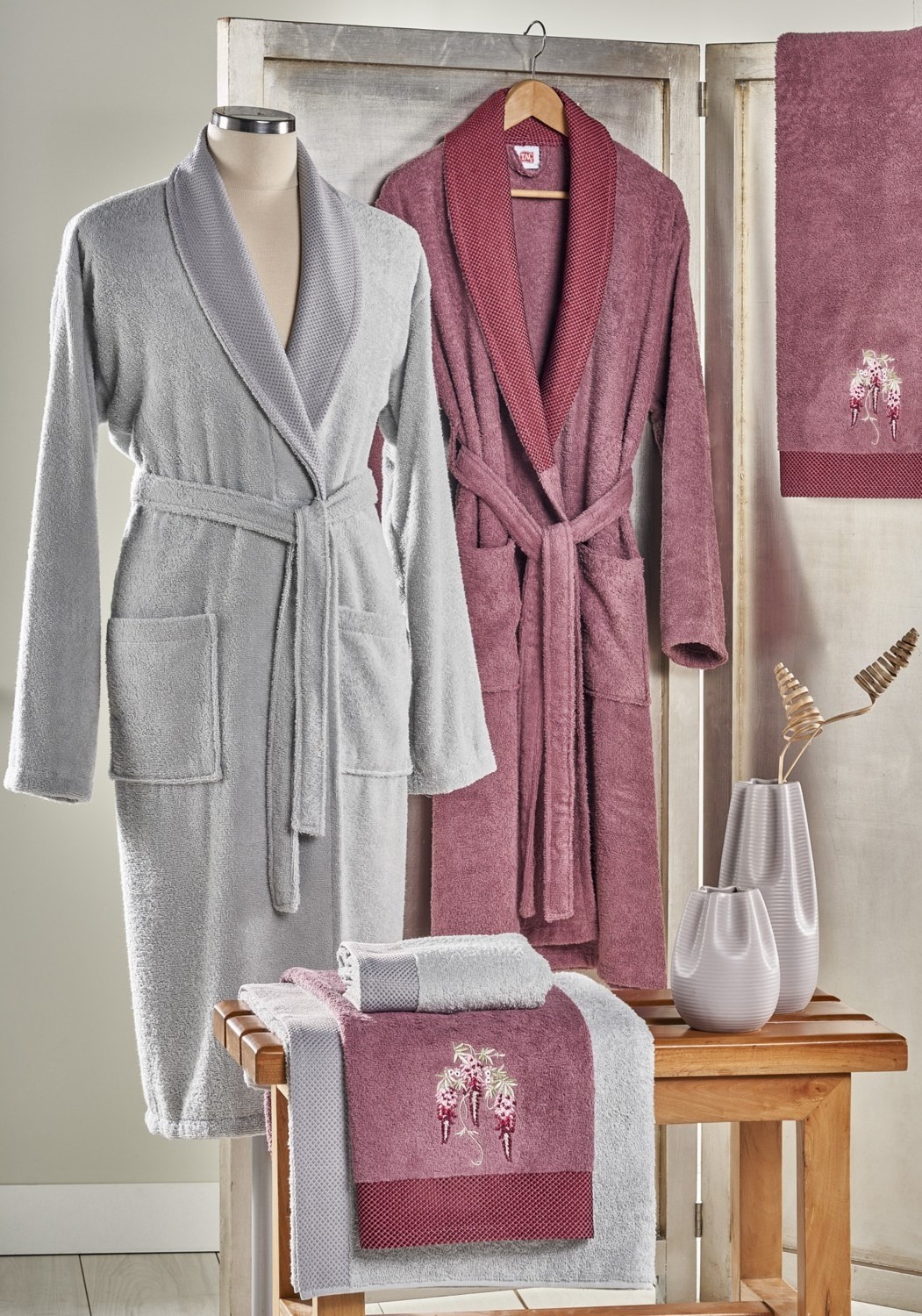 Taç Pure Cotton Lea Çift Kişilik Pamuk Aile Seti Mürdüm - Gri