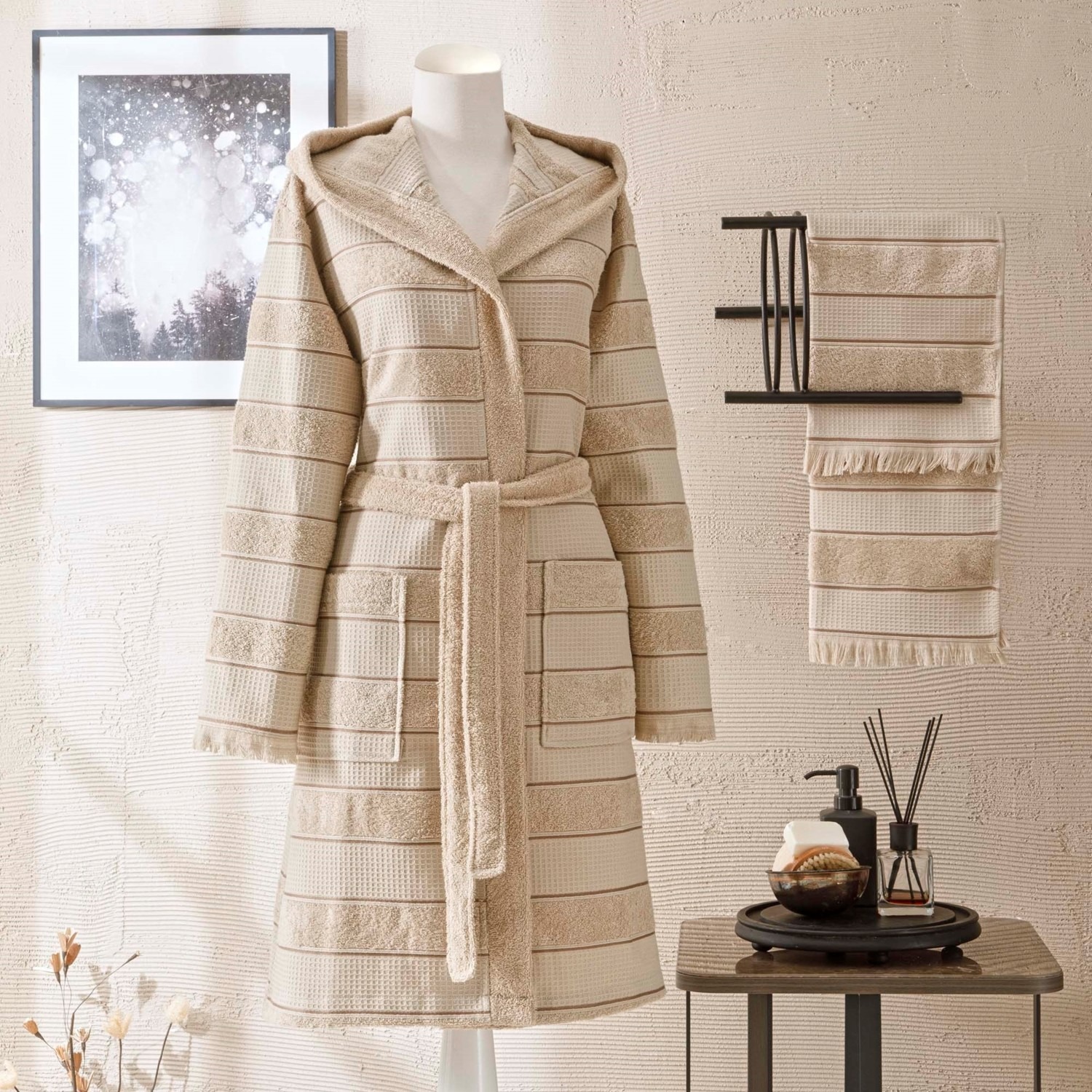 Taç Casual Pamuk Bornoz Set Bej L/xl