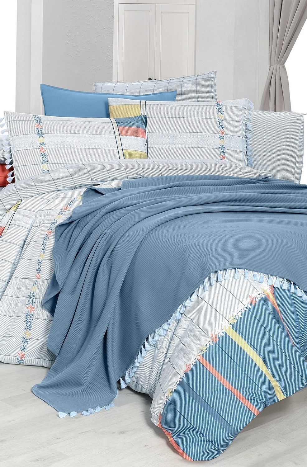 Sarev Eva Carlo Mavi Tek Kişilik %100 Pamuk Nevresim Takımı ve Pike Seti